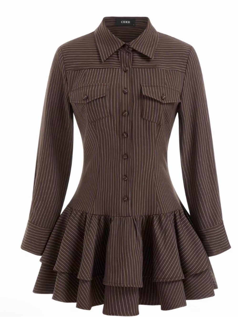 🤎🤎Cider Chocolate Brown Pinstripe Long-Sleeve Ruffle Hem Dress🤎🤎